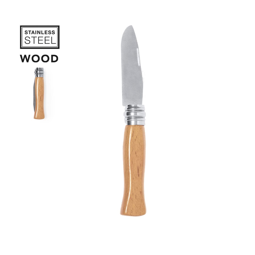 A stainless steel knife with a wooden handle, featuring a sleek design and a silver band. Terral - Image 1