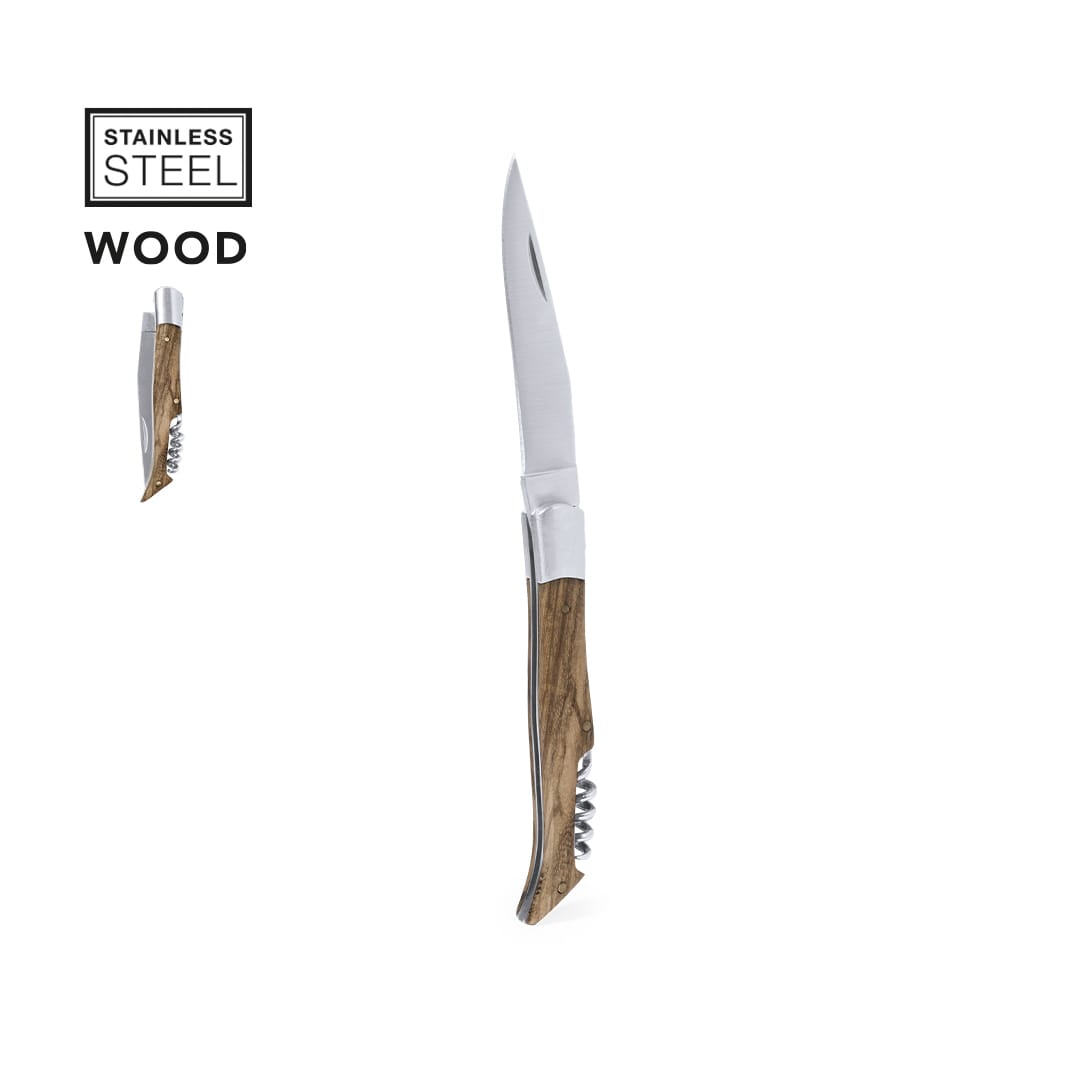 A stainless steel knife with a wooden handle, featuring a sleek design and a pointed blade. Sparq - Image 1