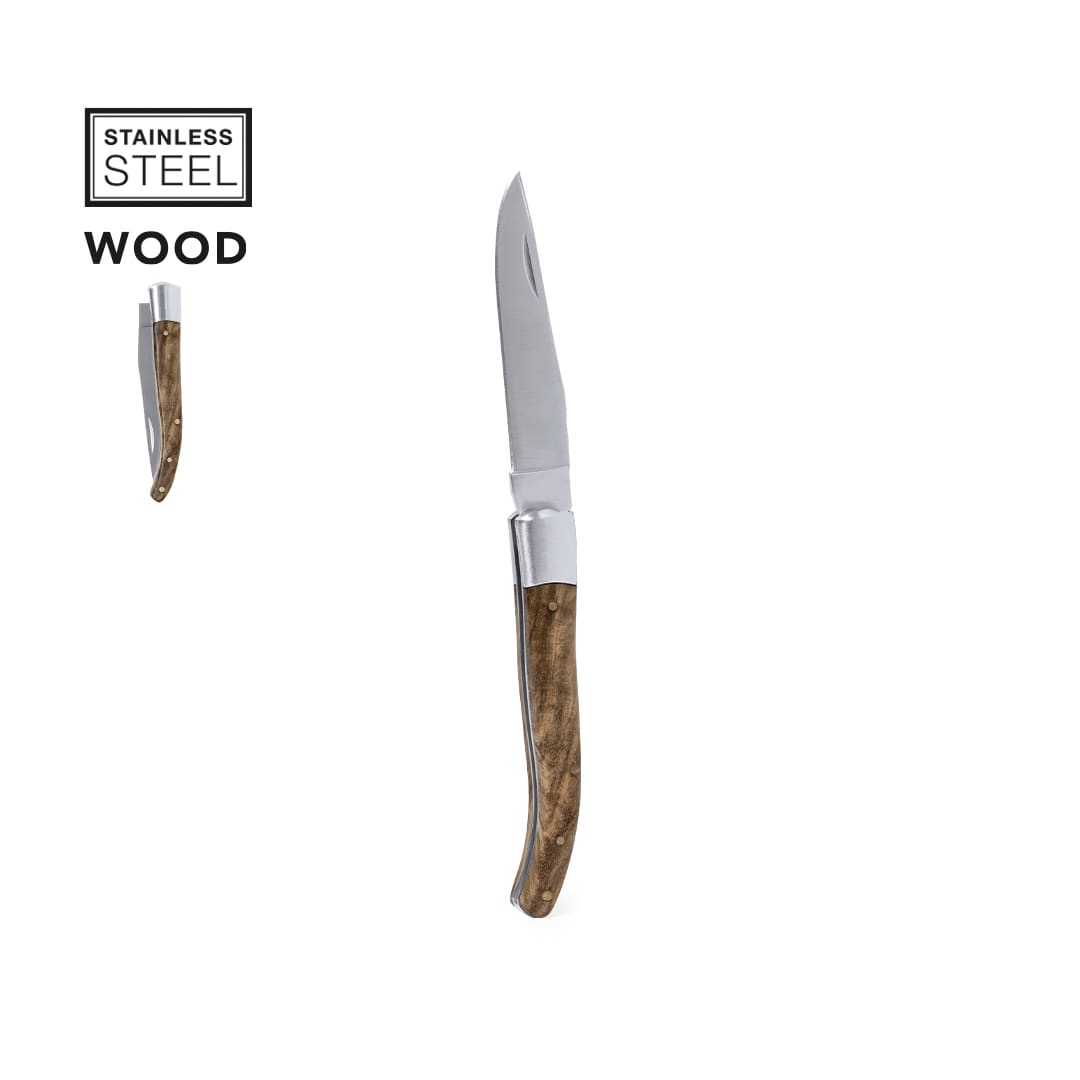 A stainless steel pocket knife with a wooden handle, featuring a sleek design and a logo. Rinex Pocket Knife - Image 1