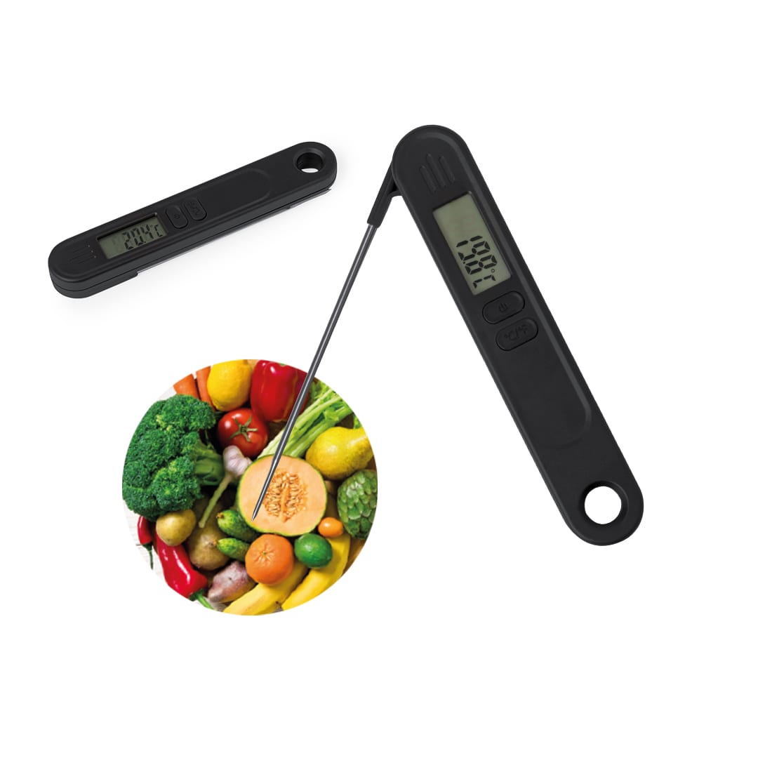 A black digital thermometer with a folding probe, alongside a colourful assortment of fresh vegetables. Jarris Thermometer - Image 1