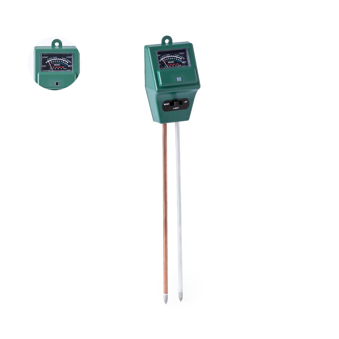 A moisture meter with a green casing and two probes for measuring soil moisture levels. Features a display with a logo. Pyrom Combitester - Image 1