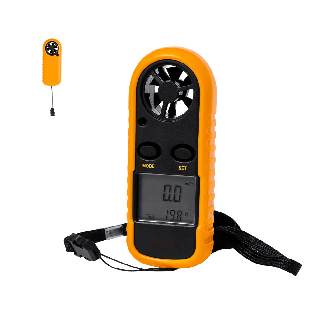 A handheld anemometer in orange and black, featuring a digital display and a strap for easy carrying. Balest Anemometer - Image 1