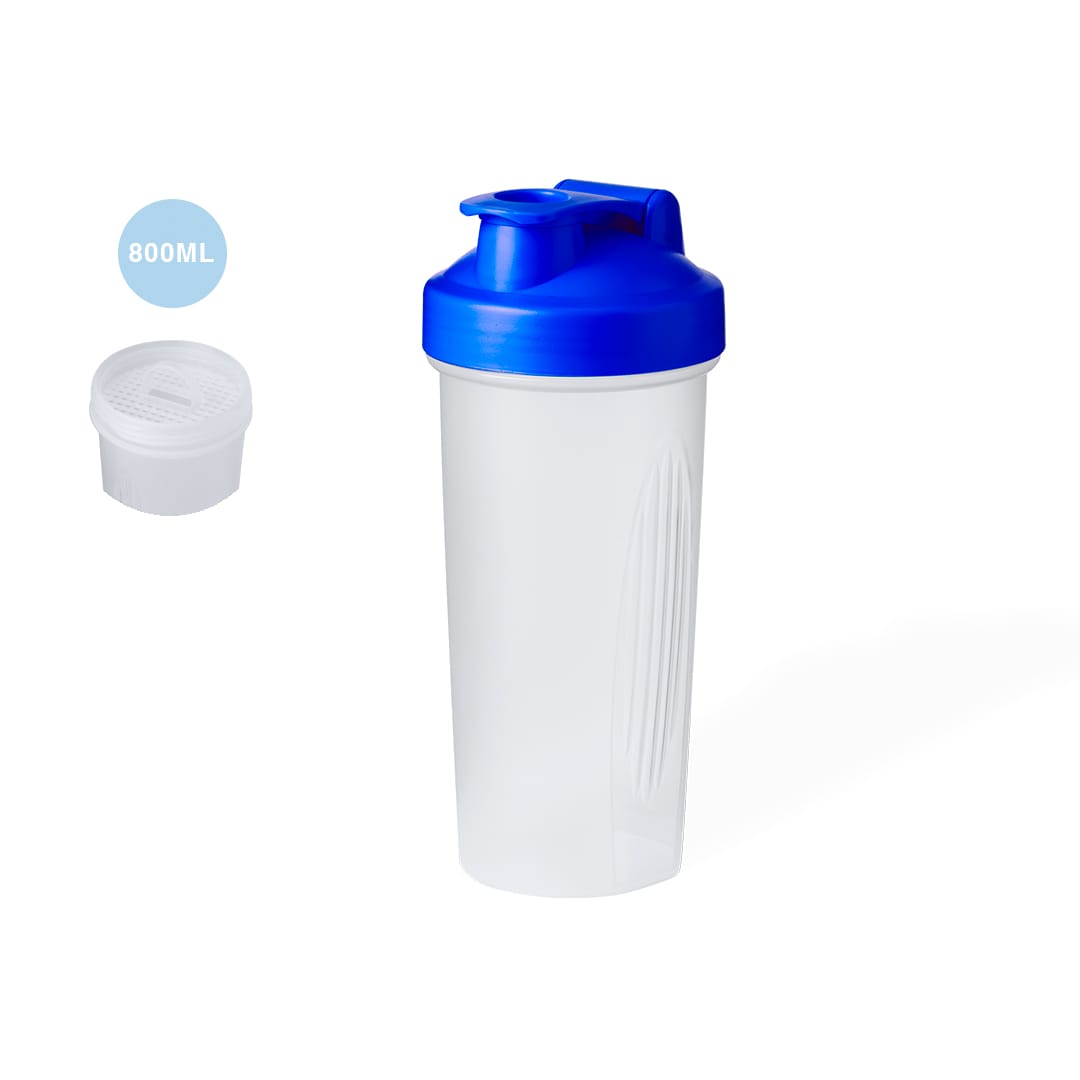 A drink bottle with a clear body and a blue lid, featuring a removable compartment for powder. Capacity of 800ml. Finterrix Bottle - Image 1