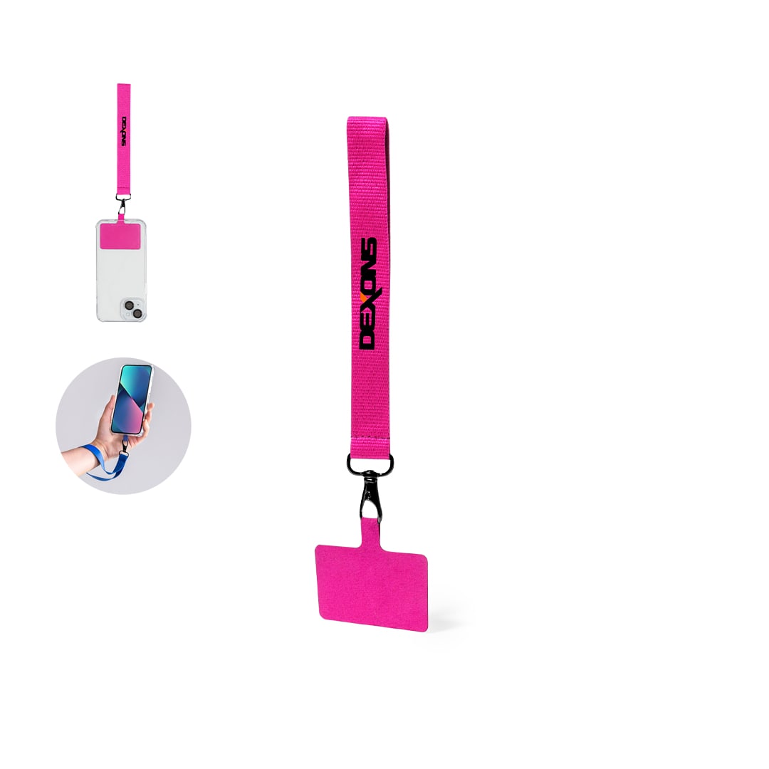 A bright pink phone holder with a strap, featuring a branding logo, designed for car use. Belaya Holder Bracelet - Image 1