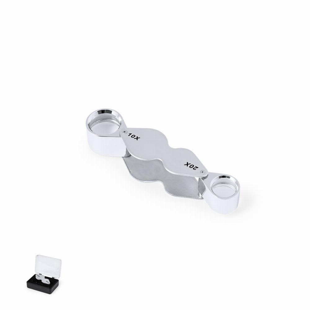 A silver magnifier with two lenses, 10X and 20X, placed beside a transparent storage case. Nalix 10/20X - Image 1