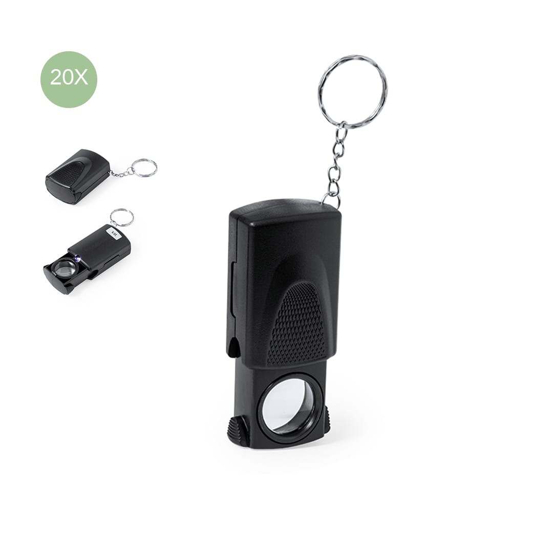 A black magnifier keyring with a 20X lens, featuring a chain for attachment. It includes a small case. Kondes 20X Magnifier Keyring - Image 1