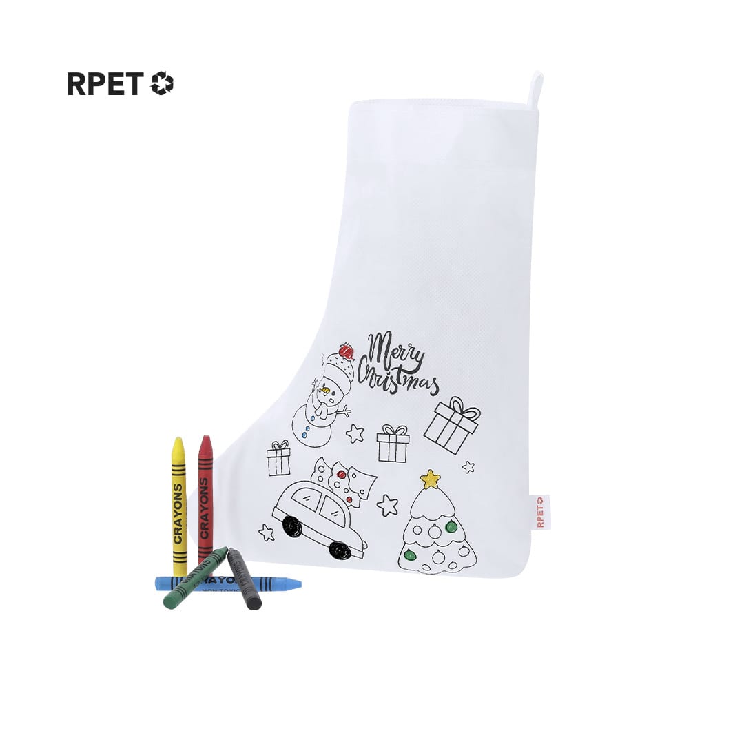 A white Christmas stocking with festive designs, accompanied by colourful crayons for decoration. Mordy Stocking - Image 1