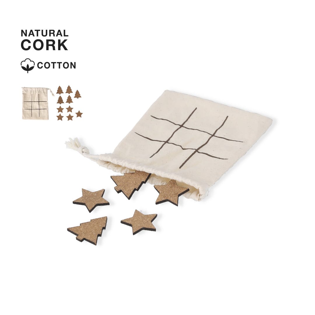 A natural cotton bag containing cork game pieces shaped like stars and a grid design, in a neutral colour scheme. Bronso Game - Image 1
