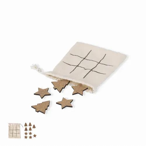 A set of wooden star and Christmas tree pieces in a drawstring pouch with a grid design on the front. Bronso - Image 1