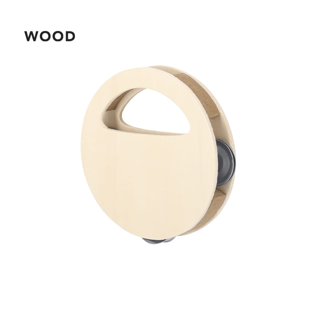 A wooden tambourine with a handle and dual black jingles, featuring a smooth, light-coloured finish. Andex Tambourine - Image 1