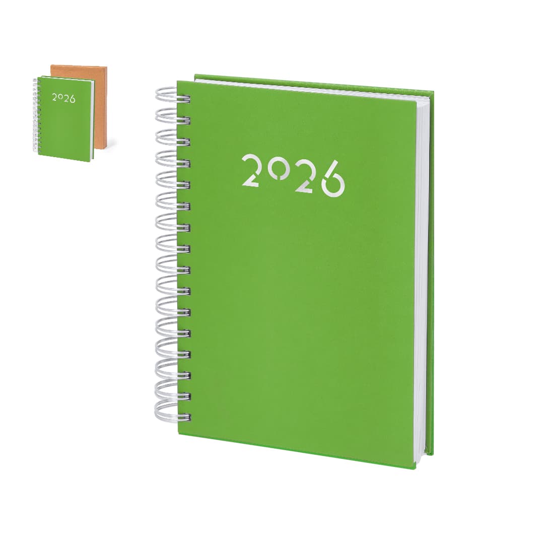 A green spiral-bound diary for 2026, displayed alongside a smaller diary in the background. Witrex Diary - Image 1