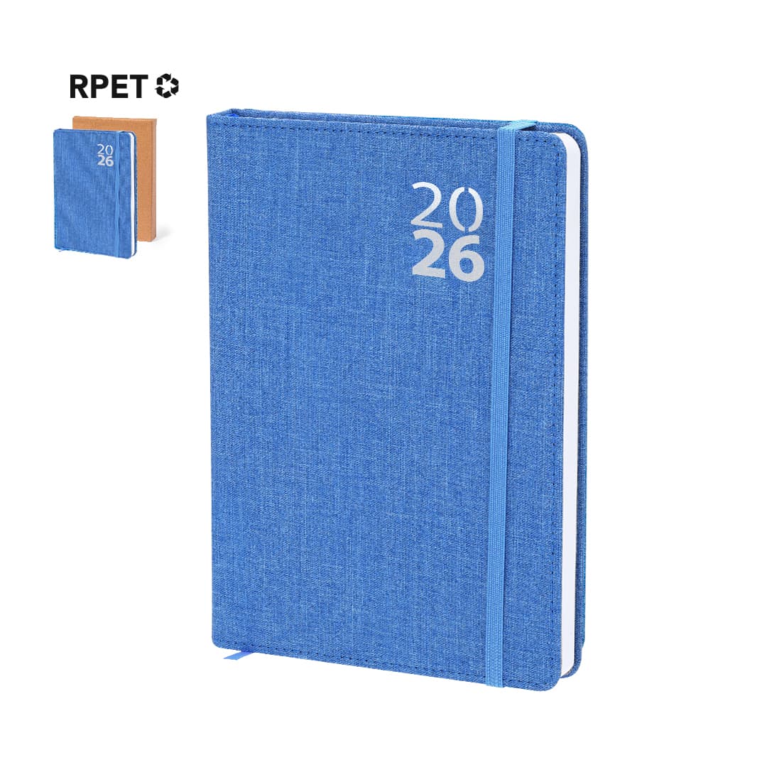 A blue diary with a textured cover, featuring the year "2026" and a matching elastic band. Includes a smaller diary in the background. Nudels Diary - Image 1
