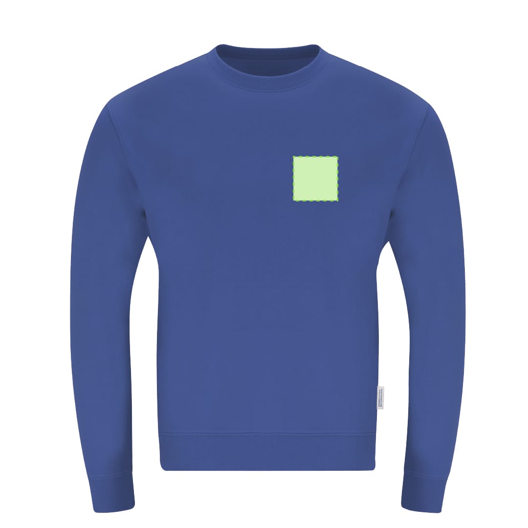 A blue adult sweatshirt featuring a small green square patch and a logo on the side. Skelton Adult Sweatshirt - Image 1