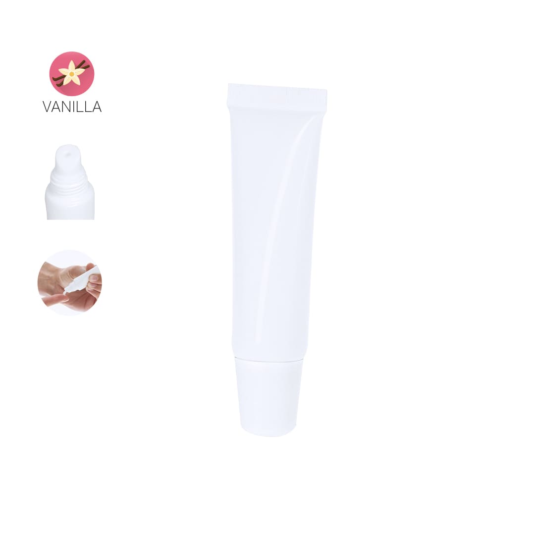 A white tube of lip balm with a nozzle, featuring vanilla scent. Includes a logo and a hand application image. Galax Lip Balm - Image 1