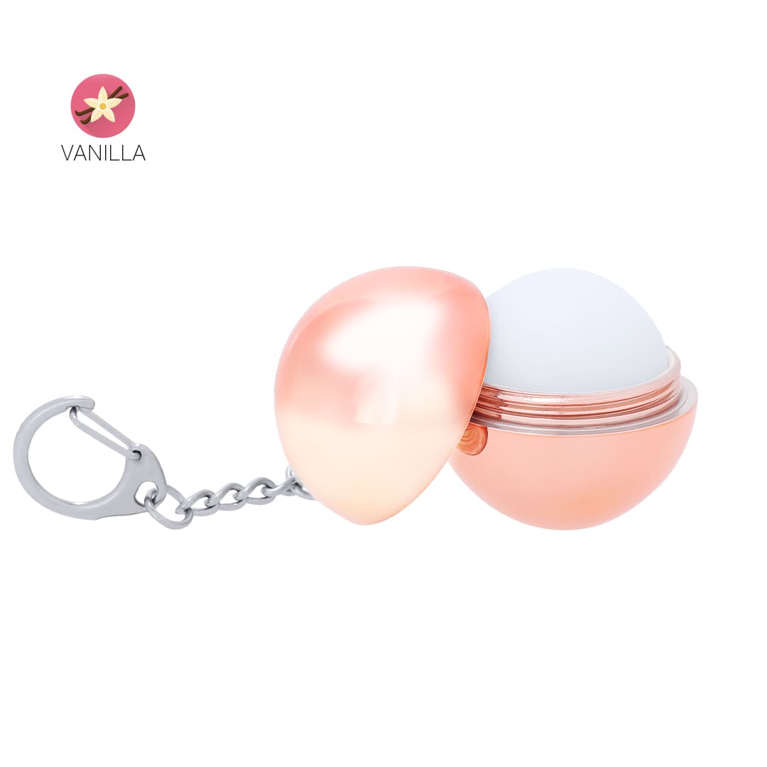 A keyring lip balm in a rose gold container, featuring a white balm inside and a silver chain attachment. Frissel Keyring Lip Balm - Image 1