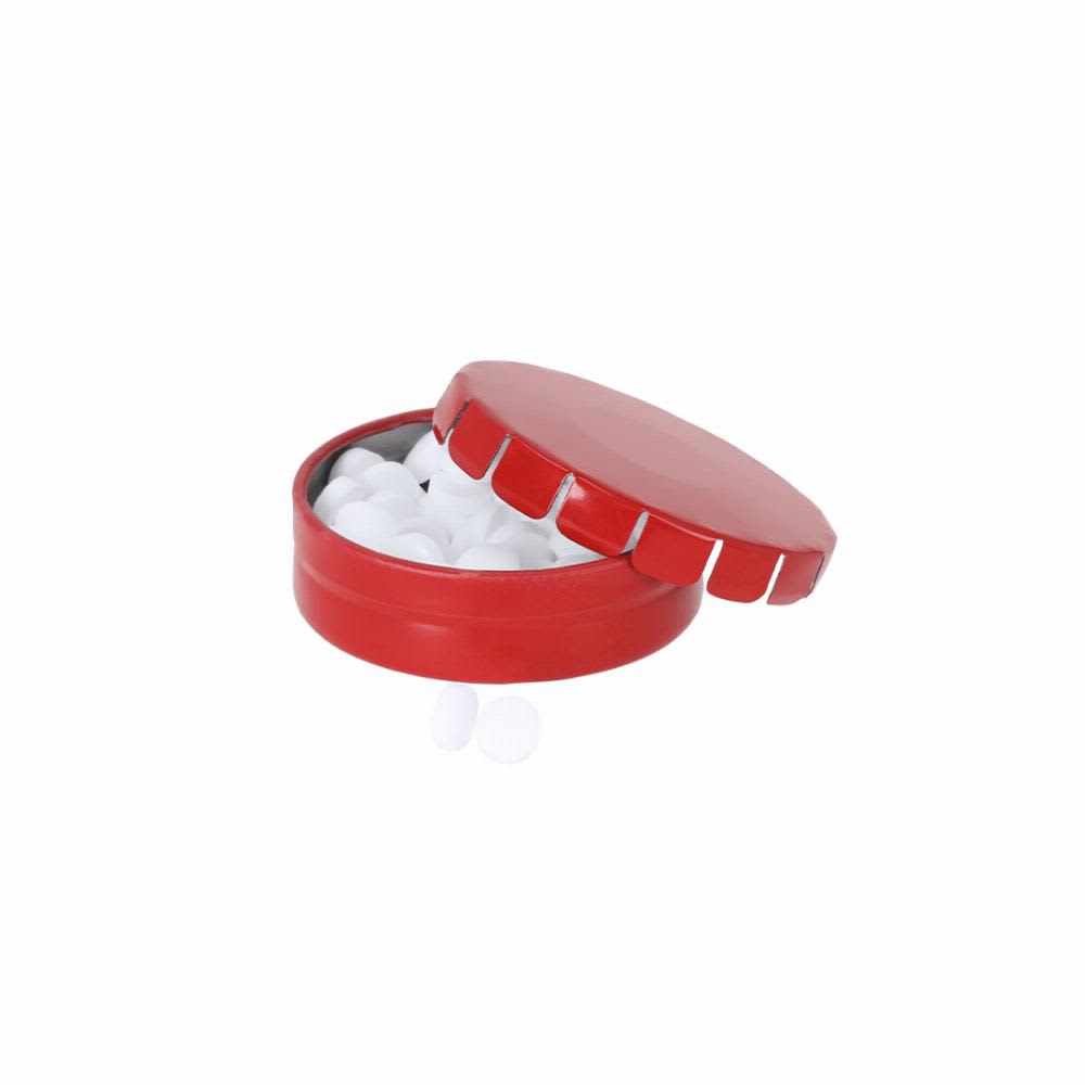 A red container with a lid, filled with white circular tablets, with two tablets outside the container. Mizzen - Image 1