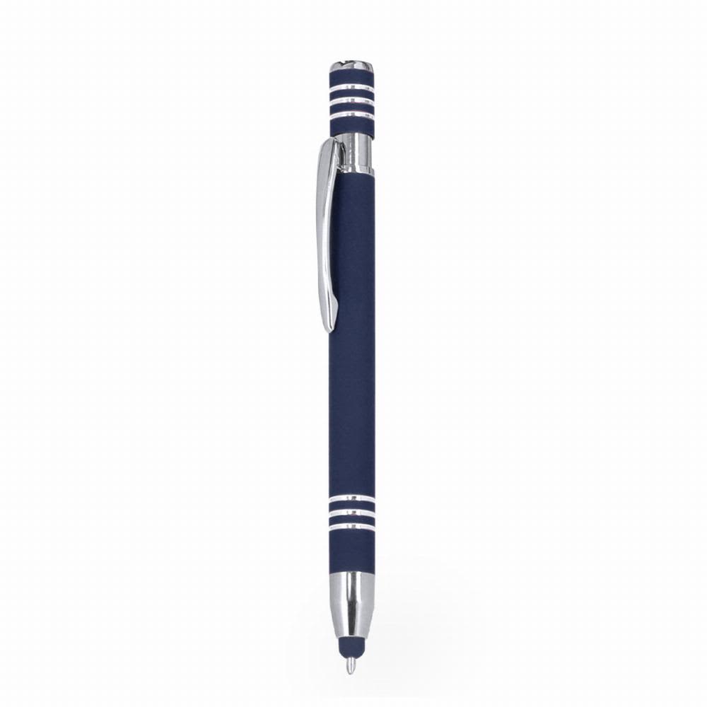 A navy blue pen with a chrome clip and striped grip, featuring a smooth rounded tip. Harkin - Image 1