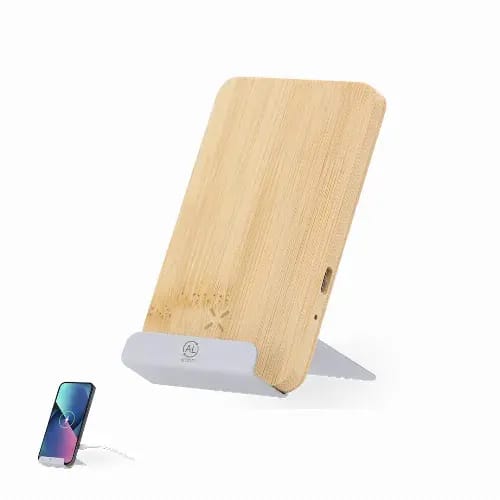 A phone stand made of bamboo with a grey base, designed for holding smartphones. It features a logo on the front. Dimitry - Image 1
