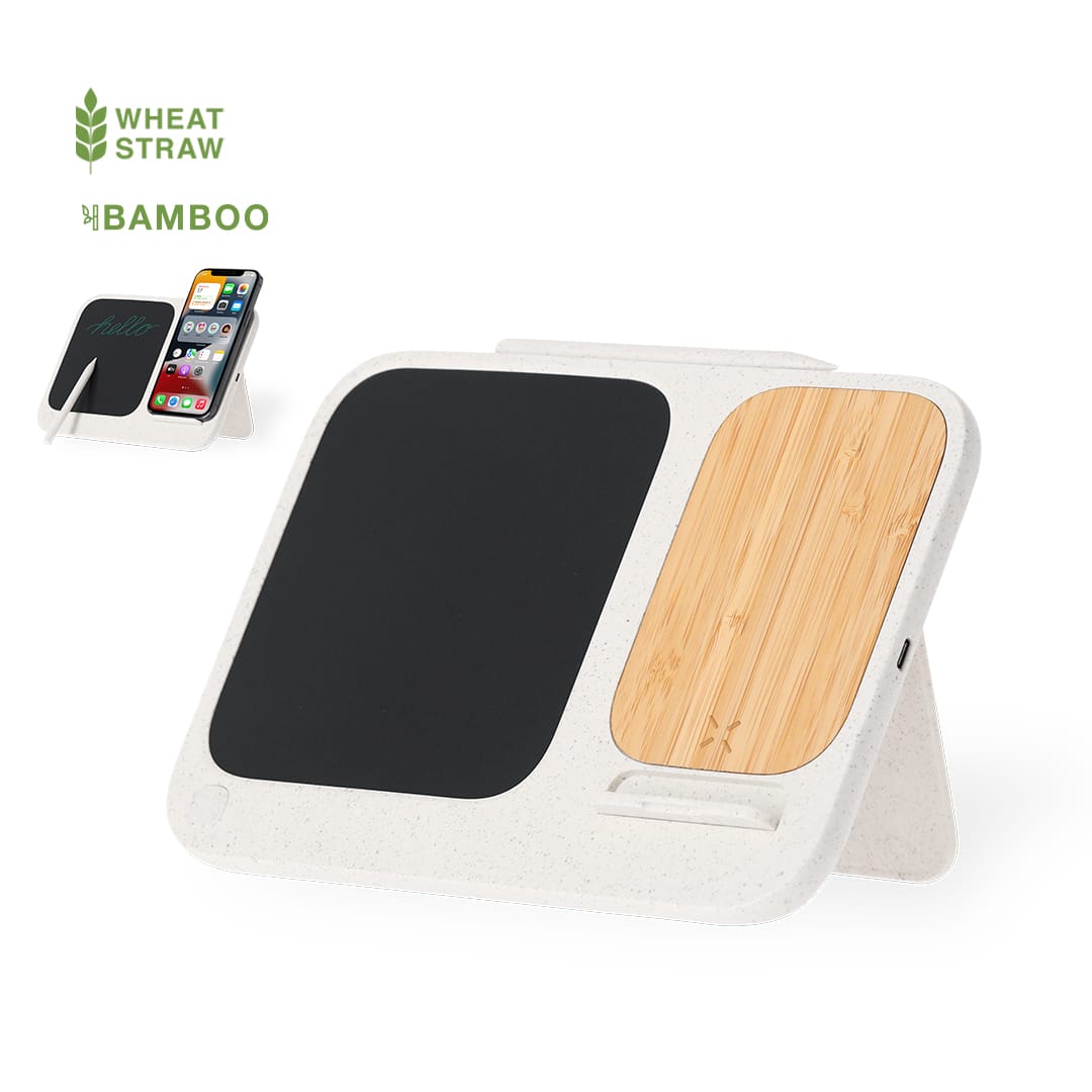 A wireless charger with a white wheat straw body and a bamboo panel, designed to hold devices while charging. Artic LCD Writing Tablet Charger - Image 1