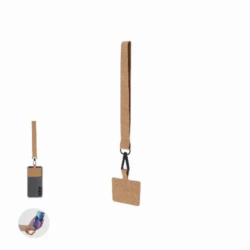 A cork phone strap with a detachable cardholder, featuring a brown strap and a black clip. Naomix - Image 1