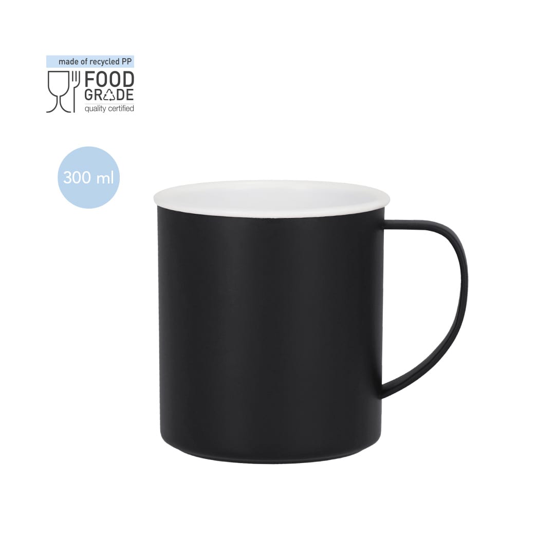 A black coffee mug with a white interior, made from recycled PP, holding 300 ml. It features a handle and a logo. Mayfer Mug - Image 1