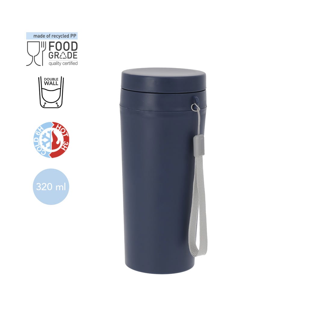 A drink bottle in navy blue with a double-wall design, featuring a lid and a strap for easy carrying. Redar Insulated Bottle - Image 1