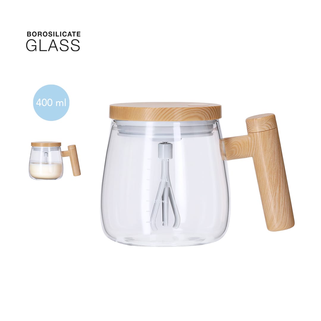 A mixing mug made of borosilicate glass with a wooden lid and handle, featuring a whisk attachment. Rydian Mixing Mug - Image 1