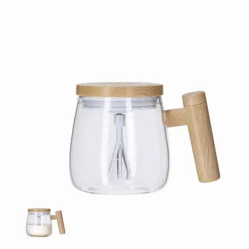 A drink bottle made of glass with a wooden handle and a whisk inside, featuring a domed wooden lid. Rydian - Image 1