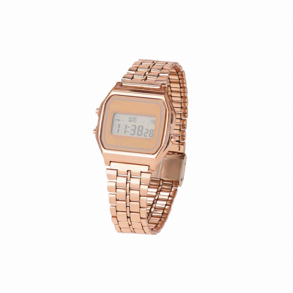 A digital watch with a rose gold metal strap and an octagonal face displaying the time. It features a logo on the strap. Busnor - Image 1