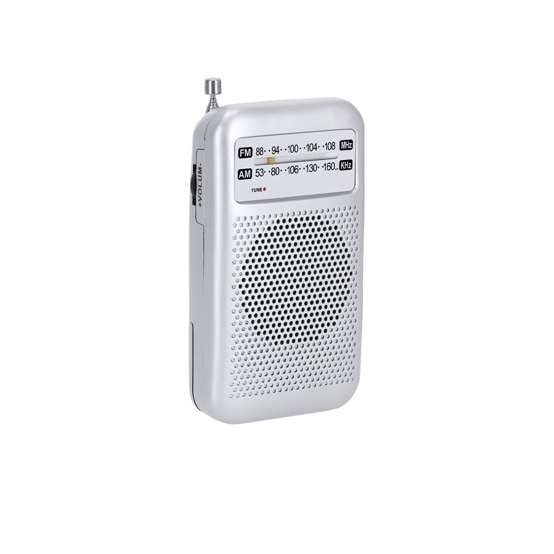 A silver portable radio with a visible speaker grille, tuning dial, and telescopic antenna. It has FM and AM settings. Mester Radio - Image 1