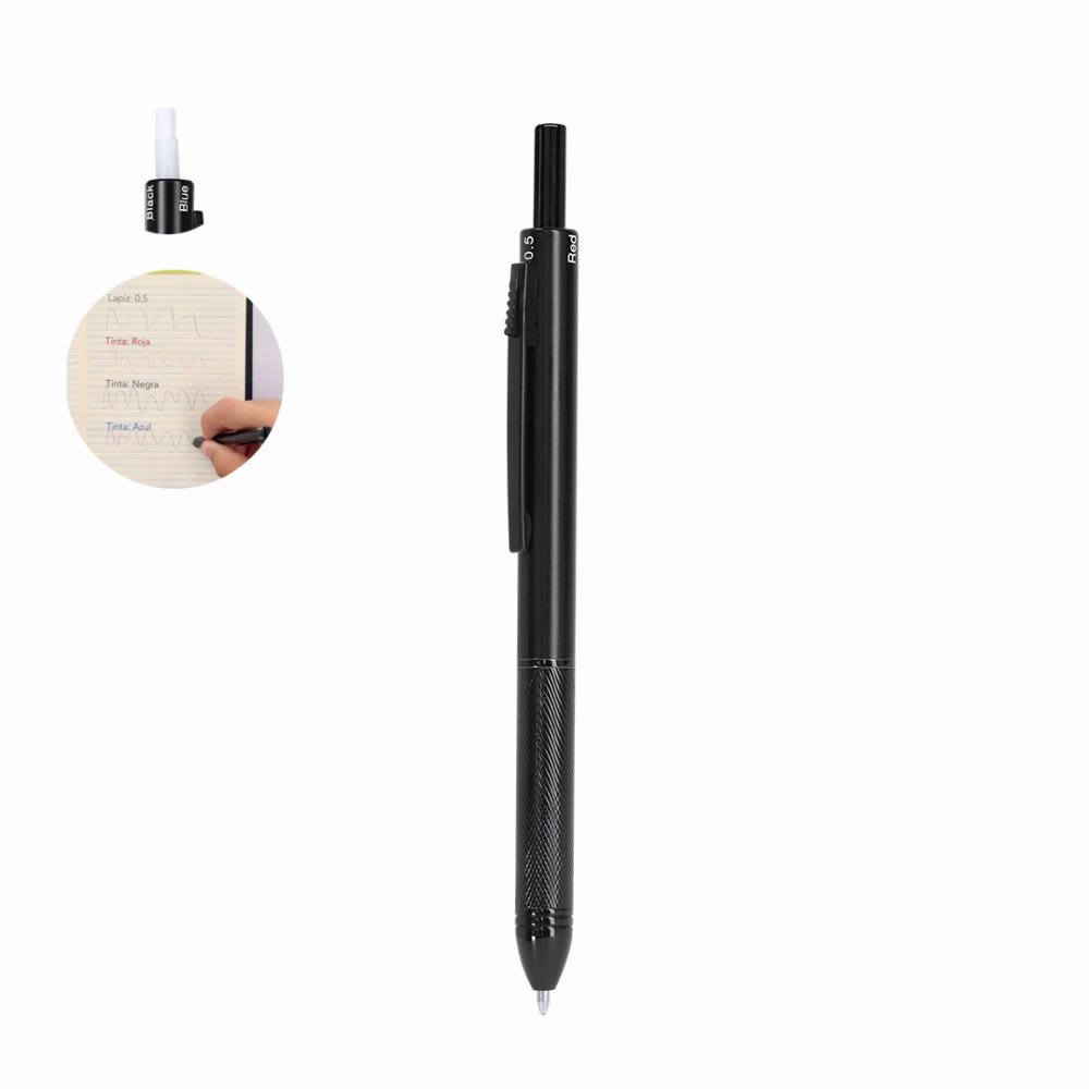 A black pen with a textured grip, featuring a removable cap and a logo. The pen is positioned next to a close-up of writing. Tidio - Image 1
