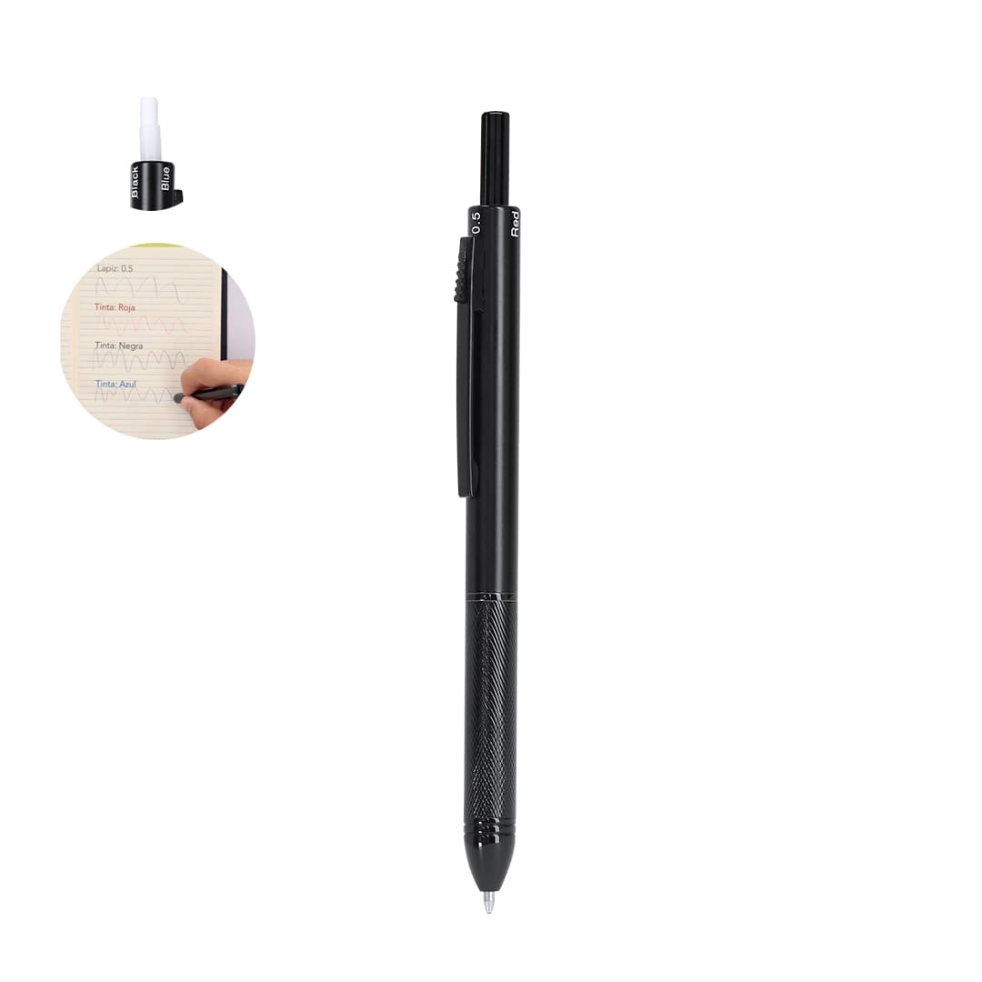A multicoloured mechanical pencil in black, featuring a textured grip and a cap. Includes a logo on the barrel. Tidio Multicolored Pen Mechanical Pencil - Image 1