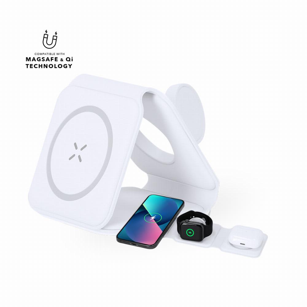 A wireless charging station in white, featuring a spot for a smartphone and an Apple Watch, with an embedded logo. Tardim - Image 1