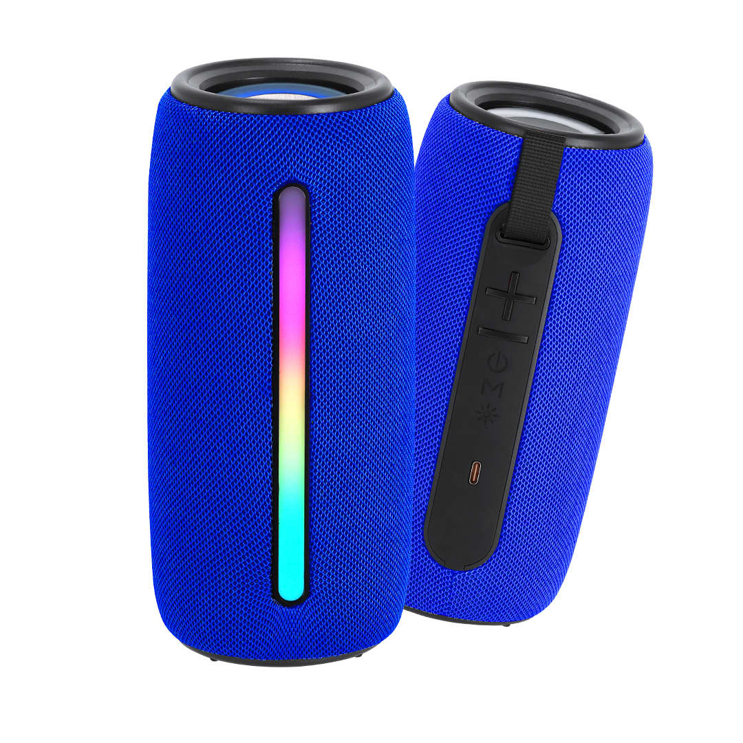 A blue speaker with a textured surface, featuring a light strip and control panel on the side. Hochok Speaker - Image 1