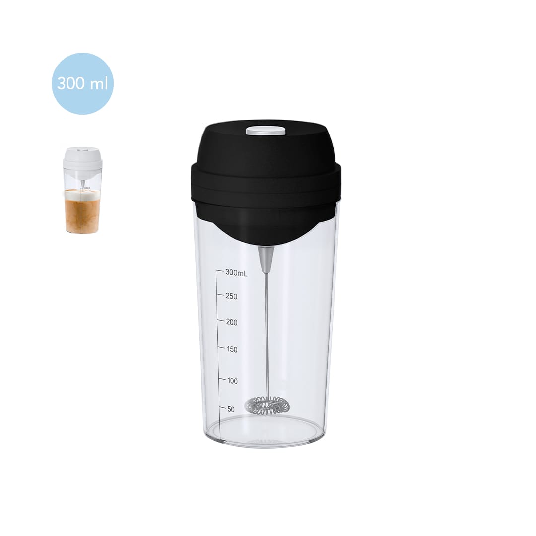 A drink bottle with a transparent body, black lid, and a built-in mixer, holding up to 300 ml. Darby Mixing Cup - Image 1