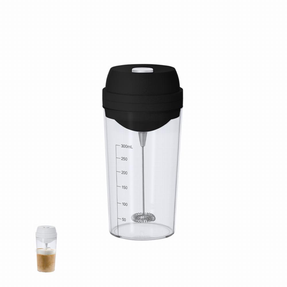A drink bottle with a clear body, black lid, and a built-in frother, featuring measurement markings. Darby - Image 1