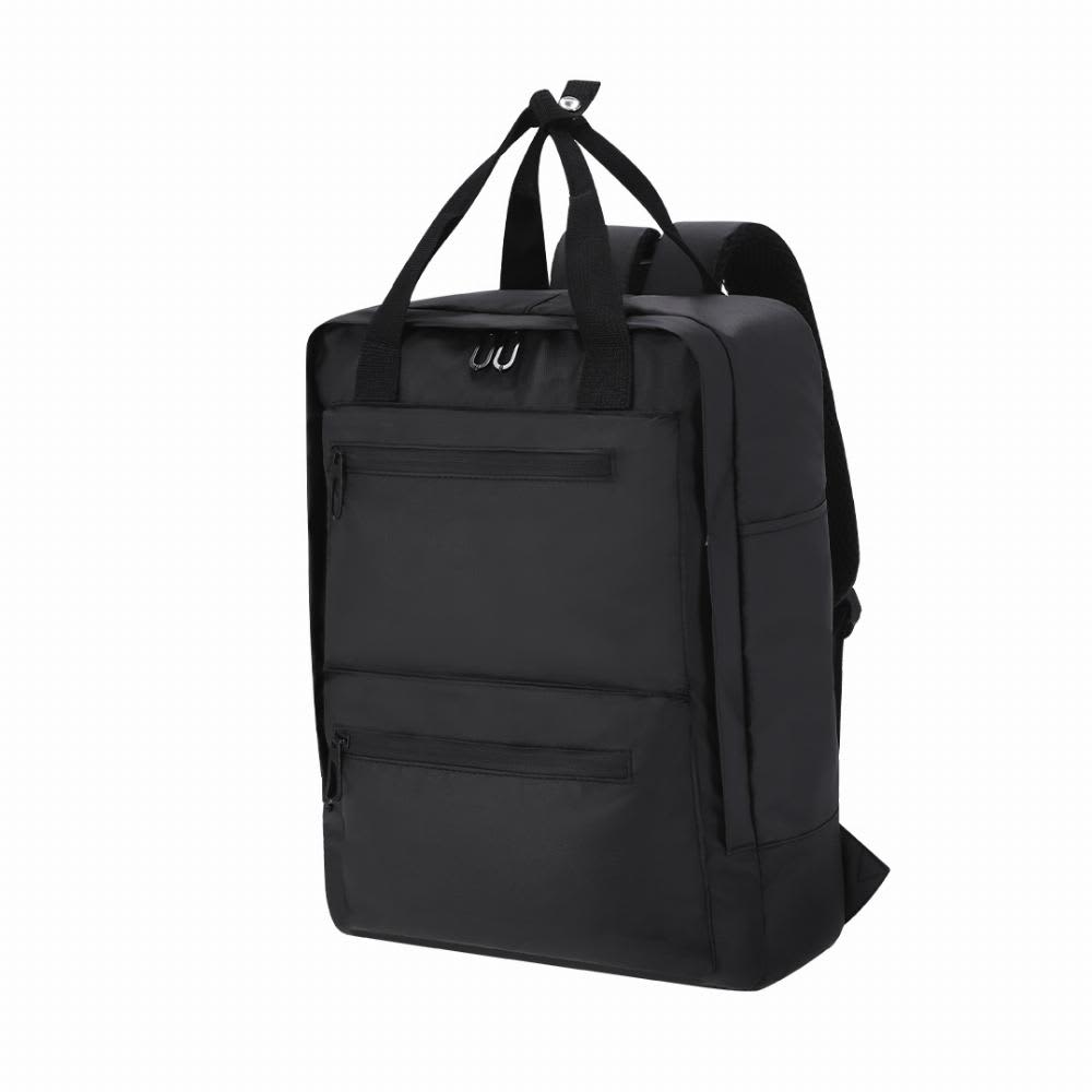 A black backpack with multiple compartments and adjustable straps. It features a logo on the front. Flipex - Image 1