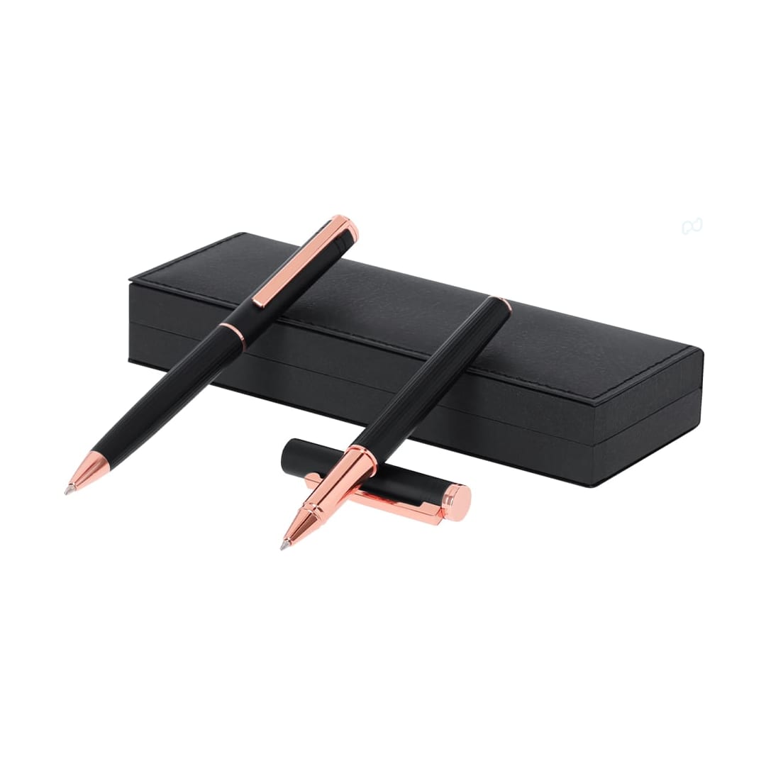 A set of black metal pens with rose gold accents, displayed in an elegant black gift box. Blexa Set - Image 1
