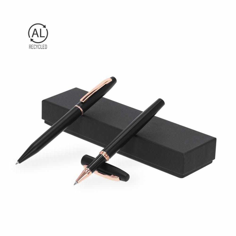 A pen set in black with rose gold accents, presented in a sleek black box. The set includes a ballpoint and rollerball pen. Mobex - Image 1