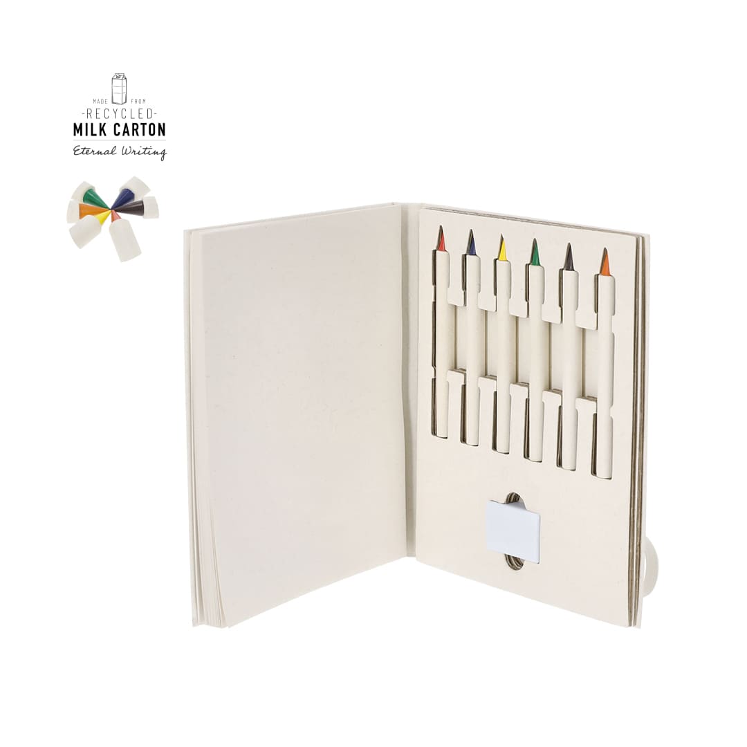 A set of coloured pencils in a recycled milk carton design, featuring multiple vibrant pencil hues arranged neatly. Nakels Set - Image 1