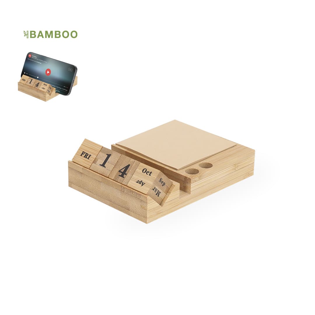 A bamboo notepad and perpetual calendar with wooden date blocks and a slot for a phone. Dex Notepad Everlasting Calendar - Image 1