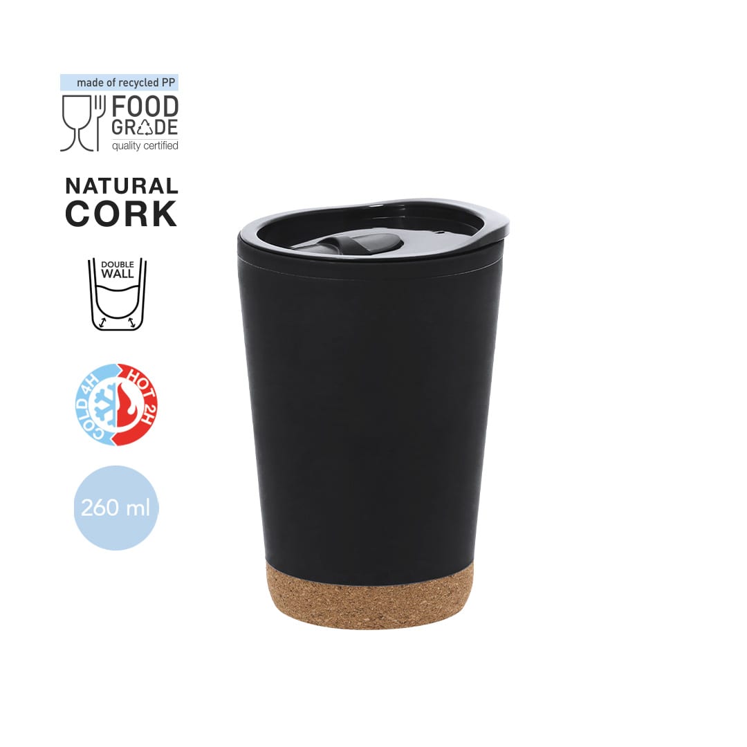 A drink bottle made of recycled materials, featuring a black body and natural cork base. Includes a lid and a logo. Doyle Insulated Cup - Image 1