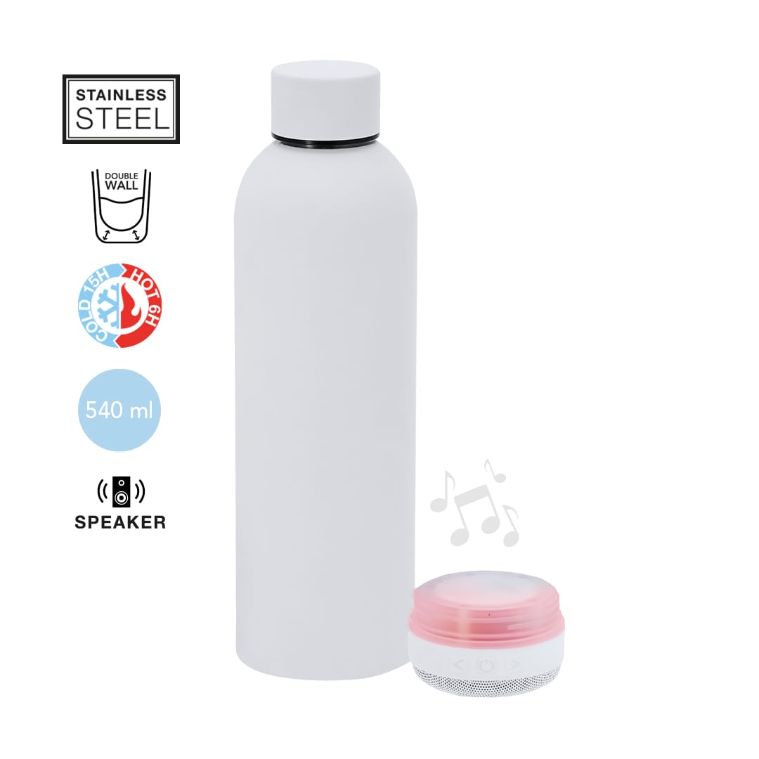 A drink bottle made of stainless steel in white, featuring double-wall insulation and a compact speaker. Meflex Insulated Bottle Speaker - Image 1