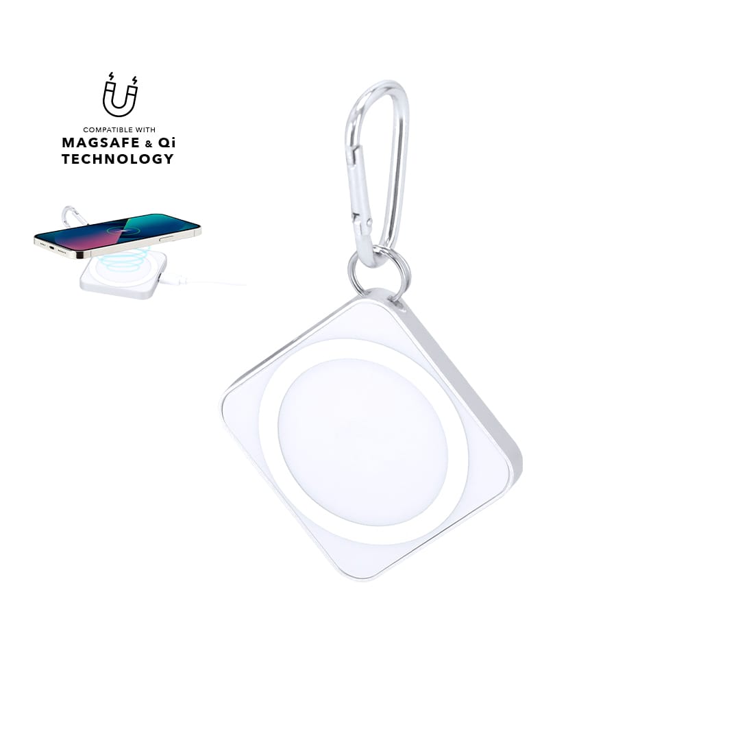 A square wireless charger in silver, featuring a central charging area and a carabiner clip. Includes a logo. Hidmon Charger - Image 1