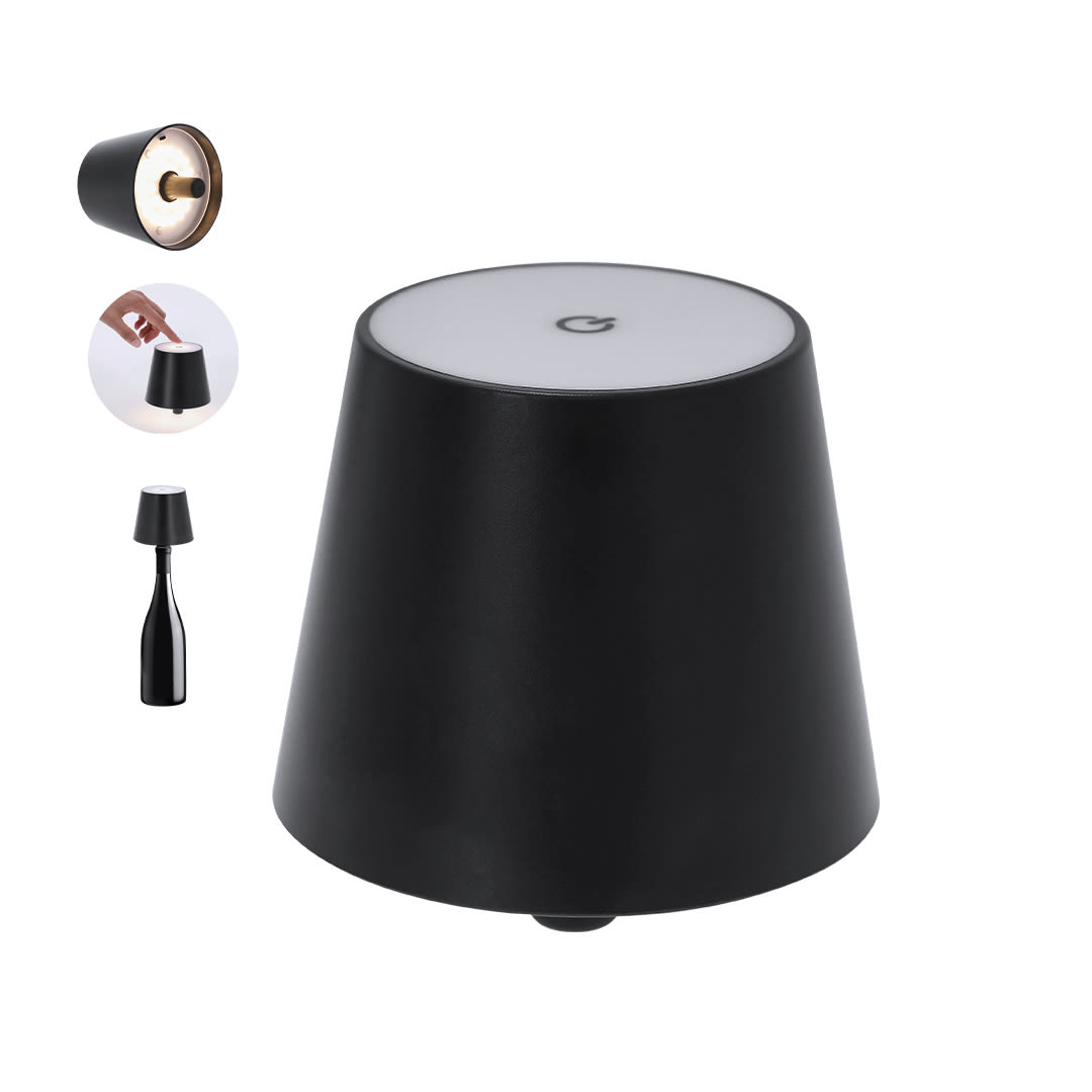 A black lamp with a tapered design and a light-diffusing top, featuring a logo on its surface. Kytek Lamp - Image 1