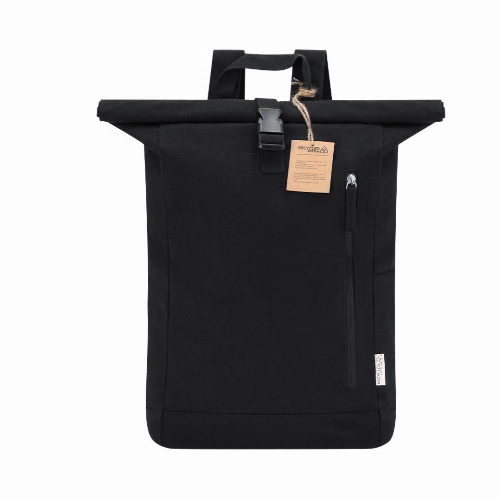 A black roll-top backpack featuring a front zippered pocket and a logo tag. The straps are adjustable. Antrim - Image 1