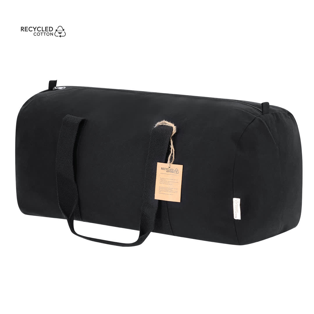 A black tote bag made of recycled cotton, featuring dual handles and a tag. Jarrow Bag - Image 1