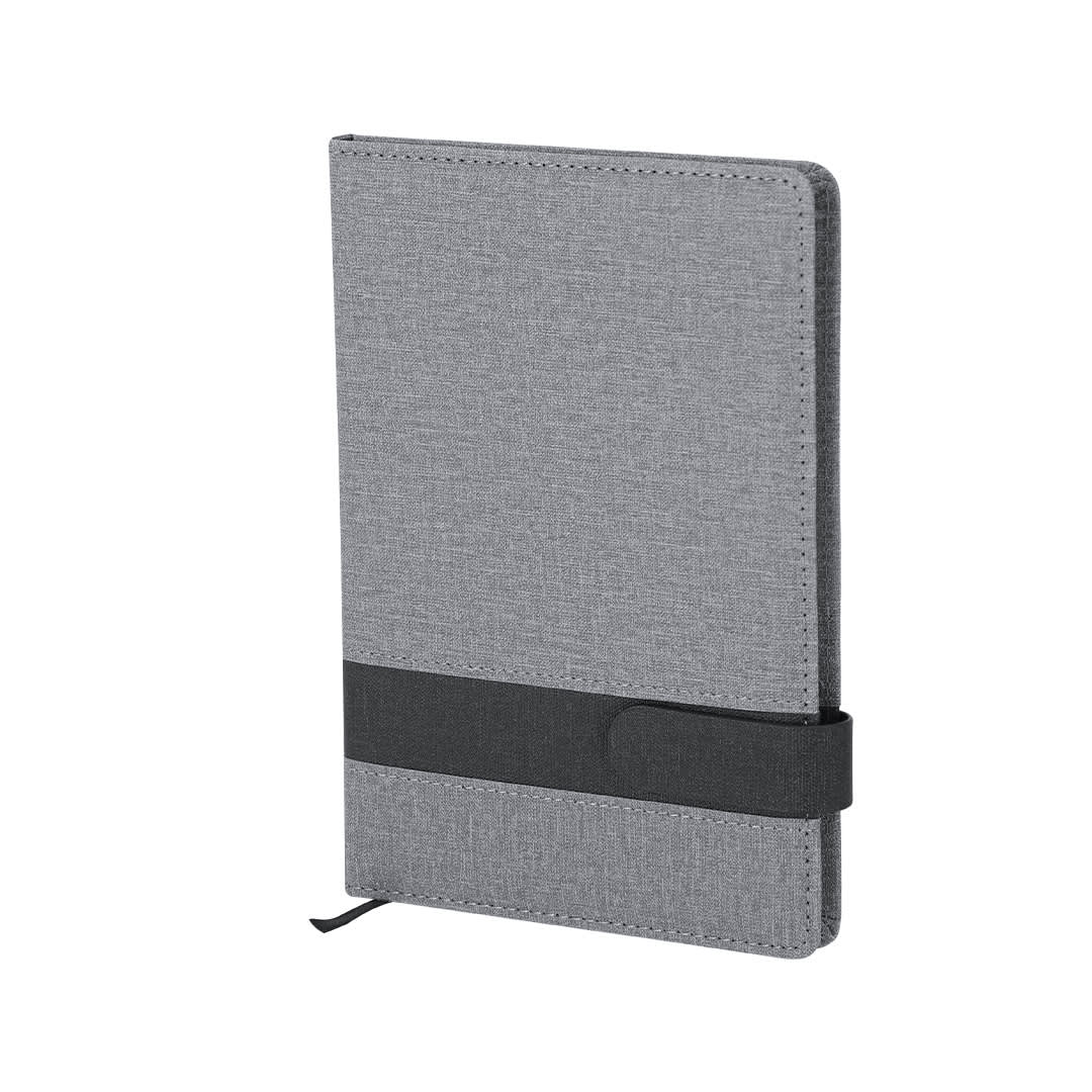 A grey notepad with a textured cover and a black elastic band for closure. It includes a ribbon bookmark. Arlex Notepad - Image 1