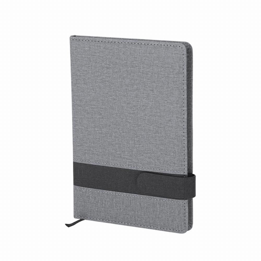 A notebook with a grey cover, featuring a black elastic band for closure and a textured finish. Arlex - Image 1