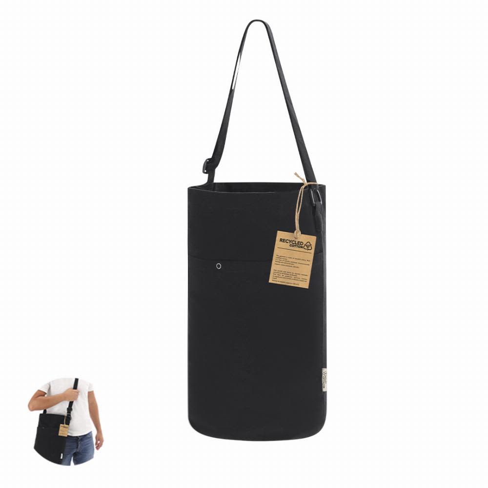 A black reusable tote bag with a long strap, featuring a front pocket and a tag attached. Harkal - Image 1